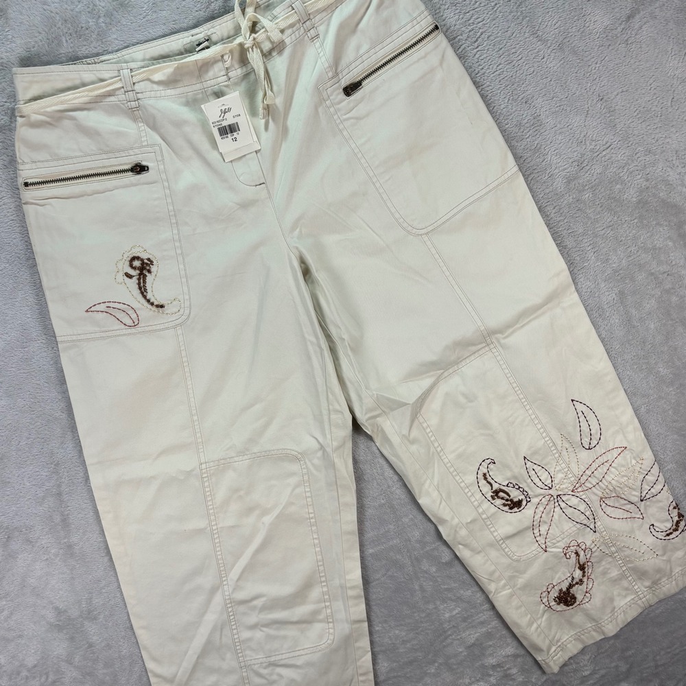 J.Jill Women's Size 12 Embroidered‎ Crop Pants Beige Cotton Zipper Pockets Boho